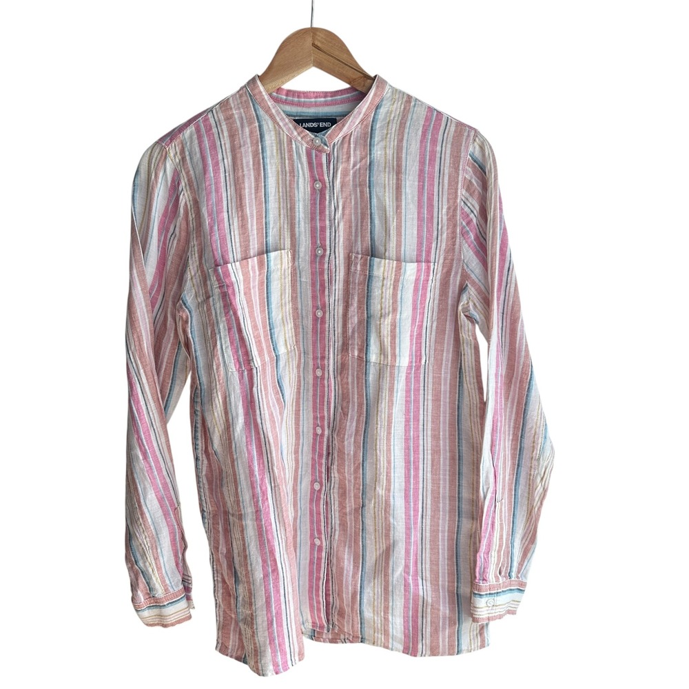 Lands' End Linen Shirt Button Down Striped Pink S/T Classic Business Metallic